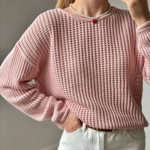 Cargar imagen en el visor de la galería, WinvyNee – Suéter casual de algodón puro, cuello redondo, manga larga, color liso y detalles calados