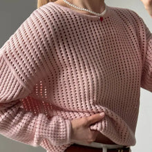 Cargar imagen en el visor de la galería, WinvyNee – Suéter casual de algodón puro, cuello redondo, manga larga, color liso y detalles calados