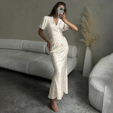 Charger l'image dans la galerie, Robe longue imprimée élégante TARUXY – Robe de soirée cintrée à col en V et manches courtes, idéale pour l'été, le quotidien ou le travail.