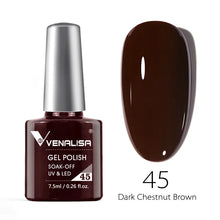Charger l'image dans la galerie, Vernis gel Venalisa 7,5 ml – Gamme de 60 couleurs (pailletées) pour nail art et manucure – Vernis gel UV « soak-off » (dissolvable)
