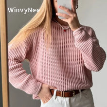 Cargar imagen en el visor de la galería, WinvyNee – Suéter casual de algodón puro, cuello redondo, manga larga, color liso y detalles calados
