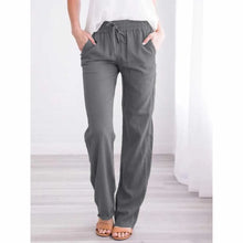 Charger l'image dans la galerie, Pantalon décontracté pour femme en mélange coton-lin, taille élastique avec cordon de serrage, coupe ample et droite, respirant et uni.

