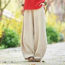 Charger l'image dans la galerie, Pantalon large style bloomer pour femme (mélange coton-lin) – Coupe vintage longue et élégante, taille élastique, coloris uni – Idéal printemps/automne – Jusqu'à la taille 5XL
