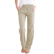 Charger l'image dans la galerie, Pantalon décontracté pour femme en mélange coton-lin, taille élastique avec cordon de serrage, coupe ample et droite, respirant et uni.
