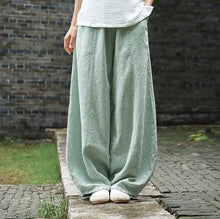 Charger l'image dans la galerie, Pantalon large style bloomer pour femme (mélange coton-lin) – Coupe vintage longue et élégante, taille élastique, coloris uni – Idéal printemps/automne – Jusqu'à la taille 5XL
