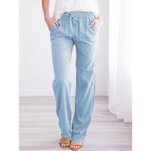 Charger l'image dans la galerie, Pantalon décontracté pour femme en mélange coton-lin, taille élastique avec cordon de serrage, coupe ample et droite, respirant et uni.
