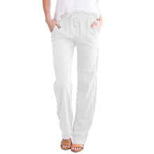 Charger l'image dans la galerie, Pantalon décontracté pour femme en mélange coton-lin, taille élastique avec cordon de serrage, coupe ample et droite, respirant et uni.
