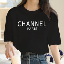 Charger l'image dans la galerie, T-shirt décontracté et élégant – Marque de luxe motif graphique « CHANNEL », col rond, manches courtes
