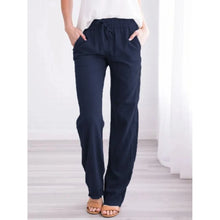 Charger l'image dans la galerie, Pantalon décontracté pour femme en mélange coton-lin, taille élastique avec cordon de serrage, coupe ample et droite, respirant et uni.
