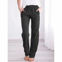 Charger l'image dans la galerie, Pantalon décontracté pour femme en mélange coton-lin, taille élastique avec cordon de serrage, coupe ample et droite, respirant et uni.
